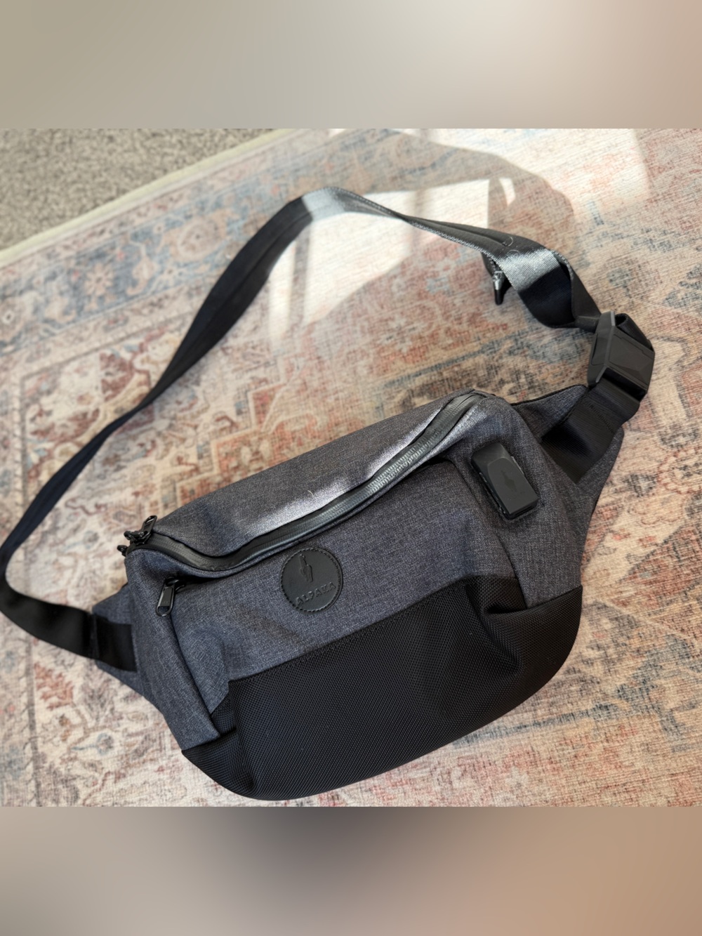 Gray and Black Men's Sling Belt Bag with USB Port